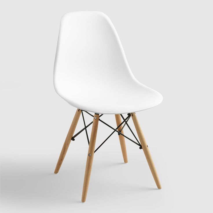 a white plastic chair with wooden legs