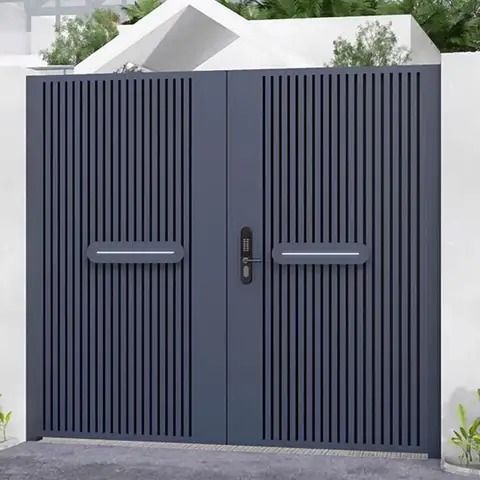 two blue doors in front of a white fence