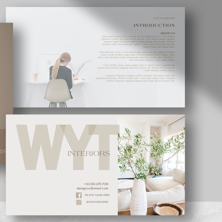 two brochures, one with an image of a woman sitting at a desk