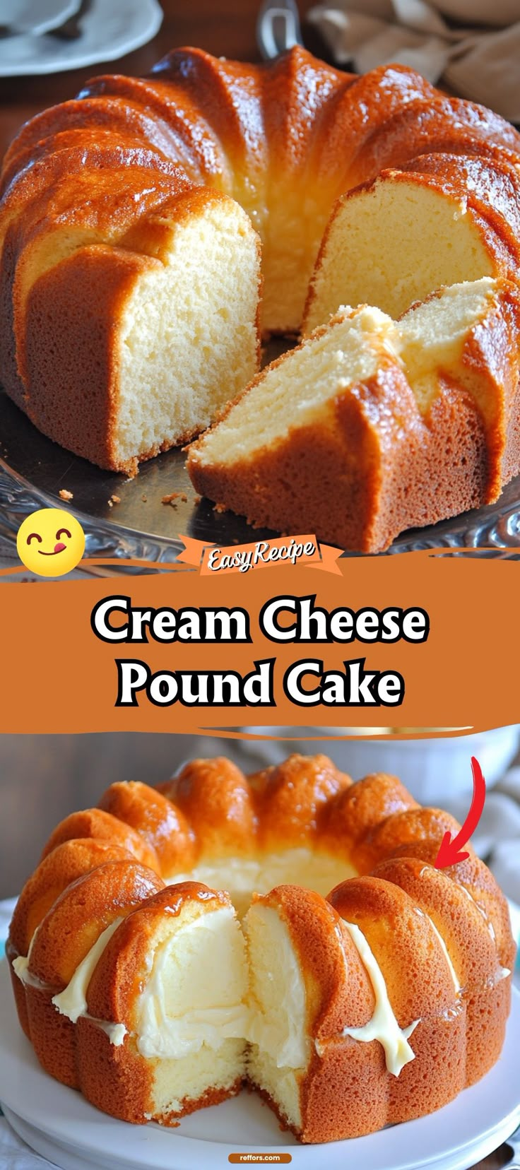 a cake that has been cut into pieces and is on a plate with the words cream cheese pound cake