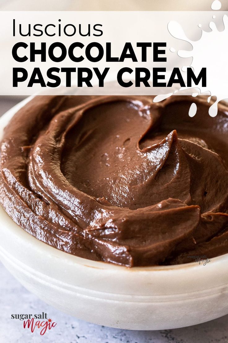 chocolate pastry cream in a white bowl with text overlay