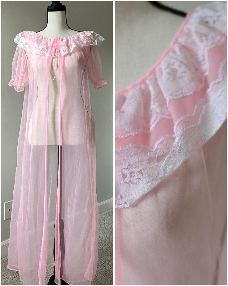 Add a touch of playful allure to your wardrobe with this charming bubblegum pink sheer babydoll robe. Designed for the modern woman who loves a hint of vintage flair, this robe features delicate white lace trim along the neckline and sleeves, creating a delightful contrast against the vibrant pink hue. The lightweight, sheer fabric drapes beautifully, offering a flirty and feminine silhouette. Perfect for lounging at home or adding a touch of romance to your evenings, this babydoll robe is a must-have for anyone looking to embrace their fun and coquettish side. Indulge in the sweet, timeless elegance of this exquisite piece. Pink Summer Nightgown For Home, Pink Feminine Robe For Sleepover, Pink Summer Sleep Robe, Pink Spring Robe For Bedtime, Pink Feminine Sleepwear For Wedding, Pink Sheer Coquette Dress, Feminine Pink Robe For Sleepover, Summer Sleep Pink Robe, Summer Pink Sleep Robe