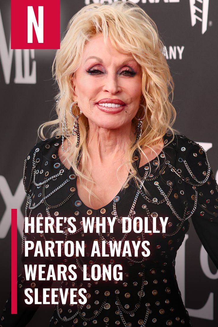 an older woman with blonde hair and black dress smiling at the camera, text reads here's why dolly patron always wears long sleeves