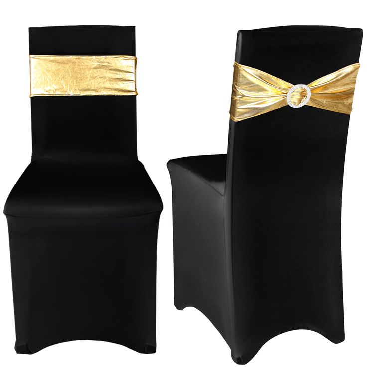 PRICES MAY VARY. What you get: the package comes with 40 pieces of black stretch chair covers and 40 pieces of stretch chair sashes with round buckle (not including chairs), which can definitely change your venue from ordinary to extraordinary, especially with appropriate tablecloths and table runners Durable and reliable: the dining chair slipcover and chair sash are made of quality polyester and spandex, feature wrinkle and stain resistant properties, durable, stretch and flexible that will fi Black White Gold Decor, Black Gold Wedding Theme, Black Chair Covers, Gold Table Decorations, Gold Theme Party, Black Seat Covers, Elegant Party Decorations, White Chair Covers, Black And Gold Theme