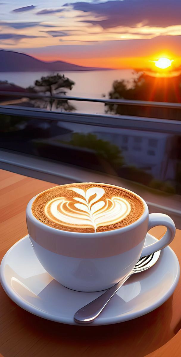 a cappuccino on a saucer with a spoon in front of the sun