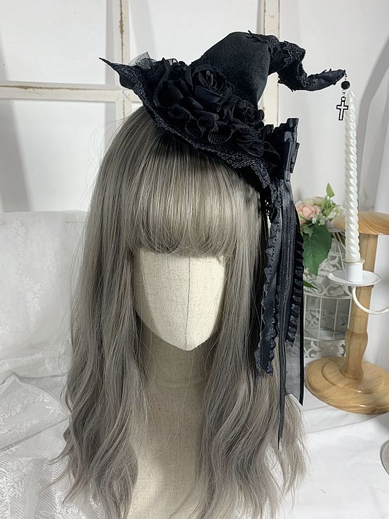 Complete your gothic Halloween look with our cross charm gothic black floral design witch hat. This stylish hat features intricate floral patterns, rhinestoned bowknot detailing, and a striking cross charm, adding a touch of mystique to your outfit. Made for the fashion-forward witch, this hat is the perfect accessory for any Halloween gathering or costume party. Stand out from the crowd and embrace your dark side with this bewitching accessory.   Please note that this product includes the hat o Black Gothic Hat For Costume, Black Fitted Witchy Hat, Fitted Black Witchy Hat, Gothic Black Mini Hats For Halloween, Black Gothic Mini Hat With Adjustable Fit, Black Gothic Mini Hat Adjustable, Black Gothic Mini Hats For Costume Party, Gothic Black Top Hat For Costume Party, Black Gothic Hat For Cosplay