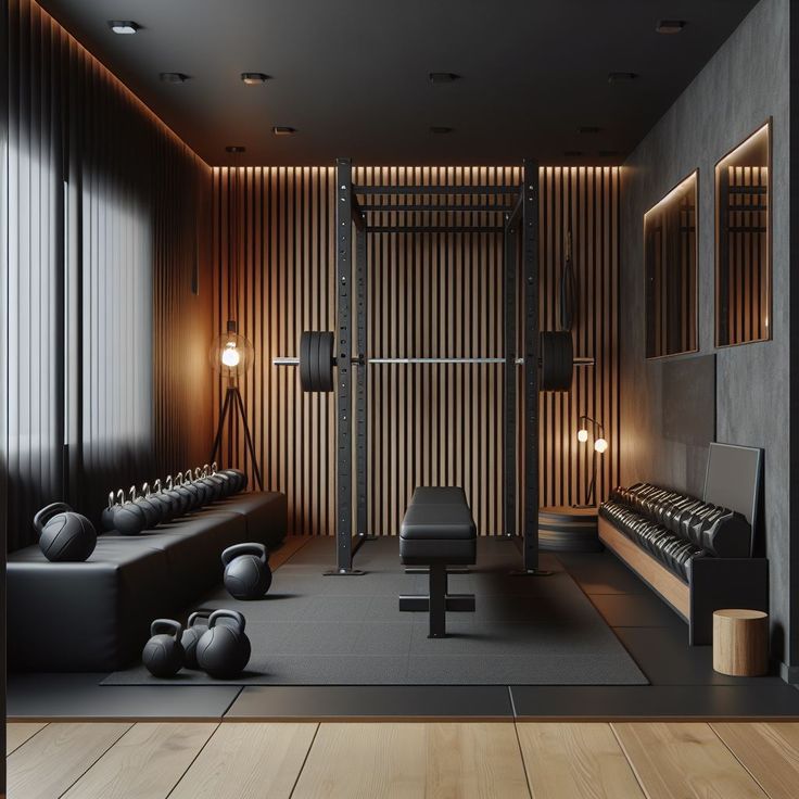 an empty gym room with black leather benches and exercise equipment on the floor in front of a wooden wall