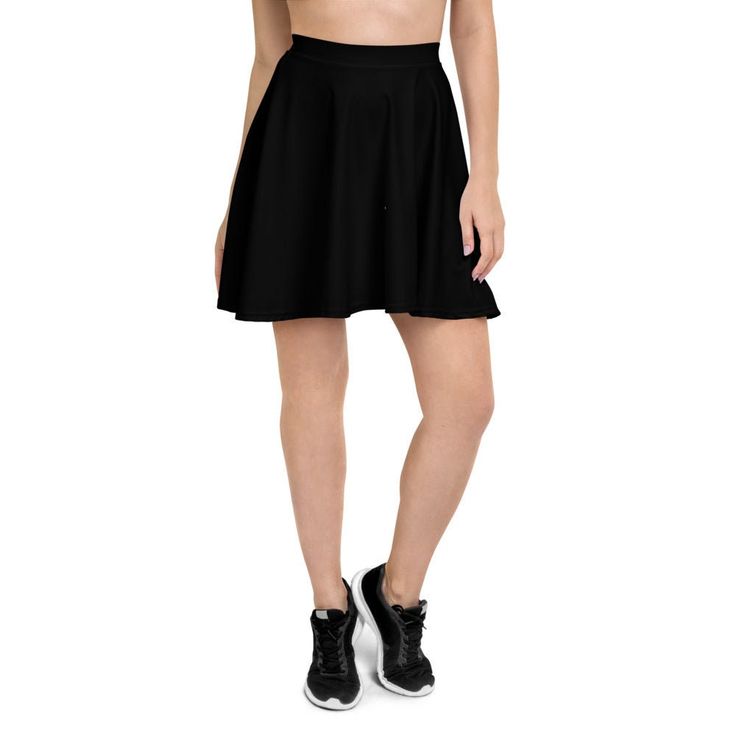 The soft fabric and flared cut of this black skater skirt are just a few of the reasons why it's bound to become a favorite in your wardrobe. The flattering silhouette looks great on any body type, and thanks to the elastic waistband, you'll feel extra comfy. Features: * 82% polyester, 18% spandex * Smooth fabric * Mid-thigh length * Elastic waistband * Over-lock seams, cover-stitch hemline Size guide  XS S M L XL 2XL 3XL Waist (inches) 25 ¼ 26 ¾ 28 ⅜ 31 ½ 34 ⅝ 37 ¾ 41 Hips (inches) 35 ⅜ 37 38 ⅝ Black Stretch A-line Bottoms, Flowy Full Tennis Skirt, Black Pleated Flared Mini Skirt, Black Stretch A-line Mini Skirt, Black A-line Lined Skirt, Casual Black Flared Tennis Skirt, Black Stretch Pleated Short Skirt, Casual Black A-line Pleated Skirt, Black A-line Pleated Skirt For Summer