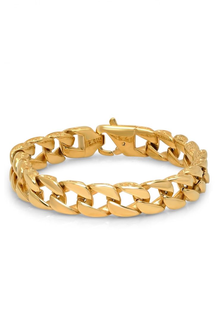 A heavy curb chain bracelet is cast in durable yellow gold plated stainless steel. 18K yellow gold plated stainless steel curb chain bracelet. Lobster clasp. Approx. 8.5" L x 0.4" W. Imported Gold Plated Cuban Link Jewelry With Solid Construction, Gold-plated Cuban Link Jewelry With Solid Construction, Tarnish Resistant Gold Plated Cuban Link Bracelet, Gold Luxury Curb Chain Bracelet, Yellow Gold-plated Cuban Link Bracelet, Gold-plated Tarnish-resistant Cuban Link Bracelet, Gold Metal Cuban Link Bracelet, Yellow Gold Metal Curb Chain Jewelry, Yellow Gold Curb Chain Jewelry