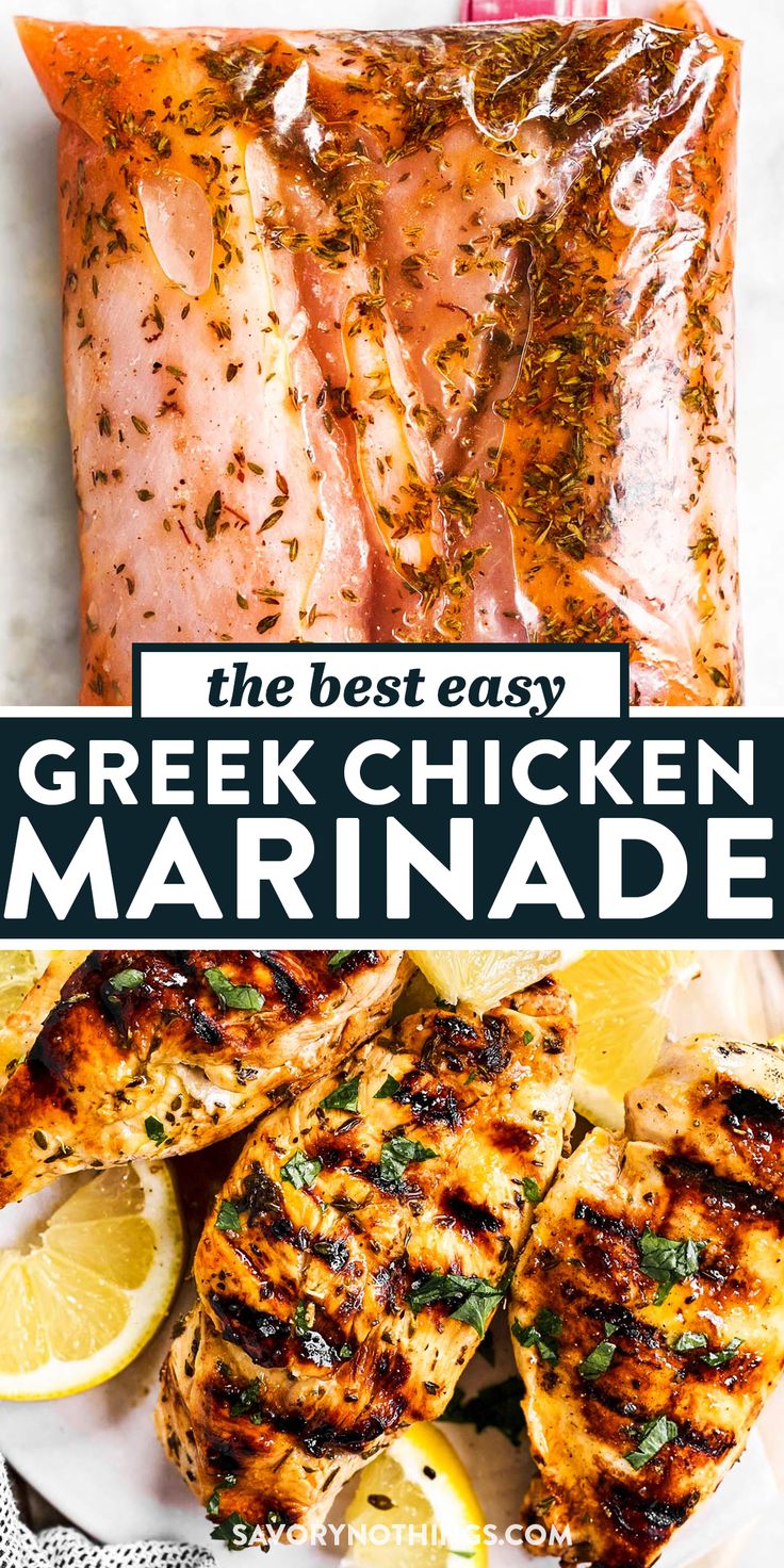 the best easy greek chicken marinade recipe on a plate with lemons and parsley