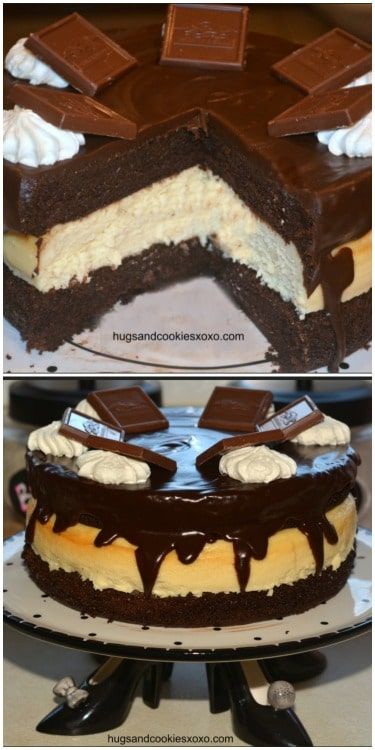 two pictures of a cake with chocolate and cream toppings on the top one has a slice missing from it