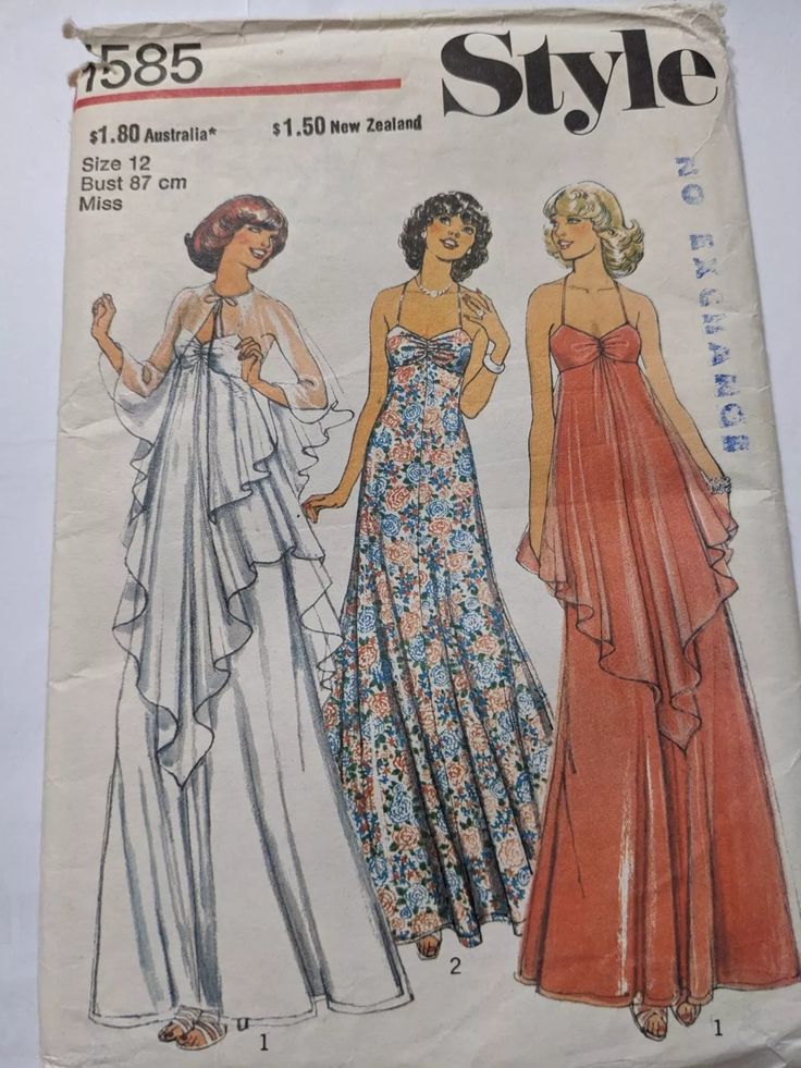 Vintage Style 1585 sz 12 Womens Ruched Bodice Dress & Cape Sewing Pattern | eBay Dresses 70s, Evening Dress Sewing Patterns, 70s Mode, Cape Pattern Sewing, 1970s Sewing Patterns, Dress Cape, Cape Pattern, Long Halter Dress, 70s Maxi Dress