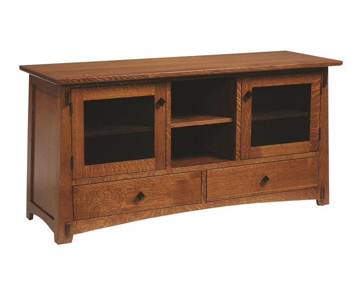 a wooden entertainment center with two drawers and one door on the bottom shelf is shown