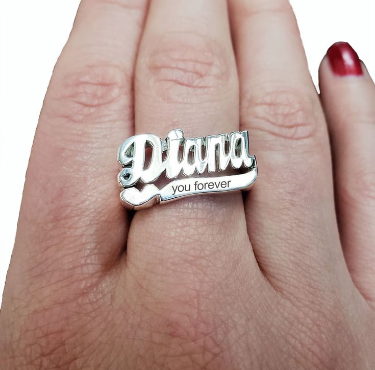 Mother's day gift name ring in sterling silver or gold over silver is perfect statement ring for you or your mom. Show your love and appreciation with this personalized and unique gift that she will cherish forever. You can also add laser engraving to make it even more special and meaningful. Use this modern name ring also as a knuckle ring (go one size smaller than your regular finger size) or as a Pinkie ring. Gold name ring comes as a desired word/phrase with a single or two separate rings. T Sterling Silver Name Rings For Mother's Day, Sterling Silver Rings With Names For Mother's Day, Personalized Sterling Silver Rings For Mother's Day, Sterling Silver Rings With Names For Anniversary, Personalized Sterling Silver Engraved Ring For Gift, Personalized Silver Ring With Name, Silver Nameplate Rings For Anniversary, Personalized Silver Engraved Ring For Mother's Day, Customizable Silver Engraved Ring For Mother's Day