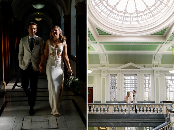 the bride and groom are walking down the stairs