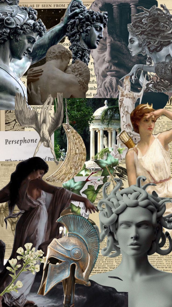 the collage shows many different types of statues and people, including women in ancient dress