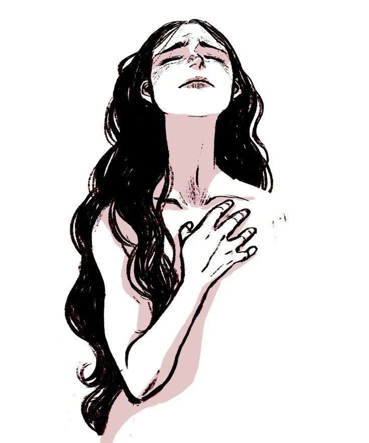 a drawing of a woman with her hands on her chest looking up at the sky