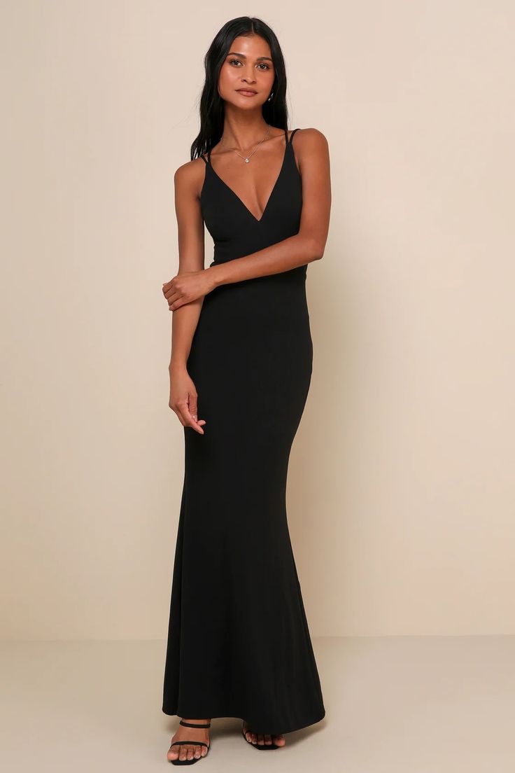 Who could possibly resist you in the Lulus All this Allure Black Strappy Backless Mermaid Maxi Dress? Medium-weight, stretchy crepe knit creates this absolute knockout of a dress and its princess-seamed bodice, V-neckline, and sexy open back with a network of crisscrossing straps. Figure-skimming skirt flares out at the maxi hem to create a dramatic mermaid silhouette. Hidden back zipper/clasp. Formal Sleeveless Evening Dress In Elastane, Fitted Fishtail Maxi Dress For Evening, Low Back Maxi Dress, Fitted Elastane Evening Dress For Wedding, Fitted Evening Maxi Dress With Mermaid Hem, Fitted Maxi Dress With Mermaid Hem For Evening, Floor-length Elastane Evening Dress For Prom, Fitted Elastane Gown For Evening, Evening Maxi Dress With Fitted Bodice And Fishtail