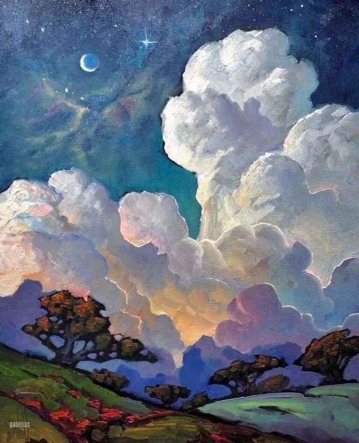 a painting of clouds and trees in the night sky