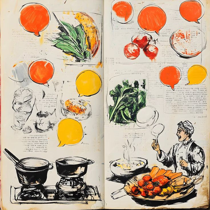 an open book with drawings of food and cooking utensils on the pages in it