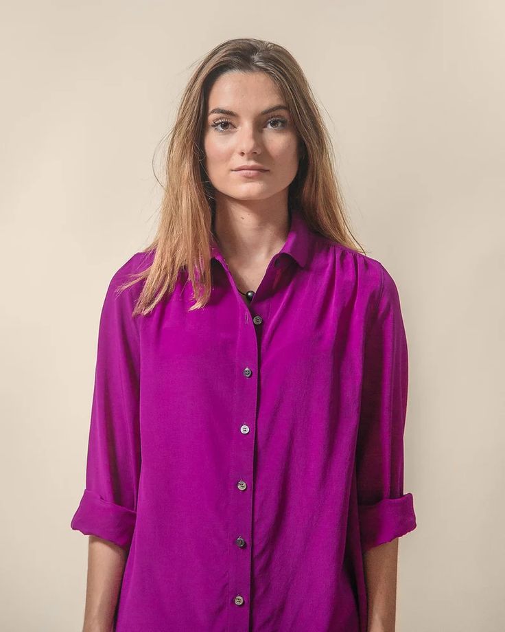 Fuchsia Silk Blouse Silk Crepe De Chine Peter Pan Collar | Etsy Silk Button-up Tops With Button Closure, Silk Top With Button Closure And Spread Collar, Silk Collared Tops With Button Closure, Silk Tops With Button Closure And Spread Collar, Chic Rayon Blouse With Buttons, Silk Collared Top With Button Cuffs, Purple Silk Blouse For Work, Collared Rayon Blouse With Relaxed Fit, Purple Silk Blouse For Workwear