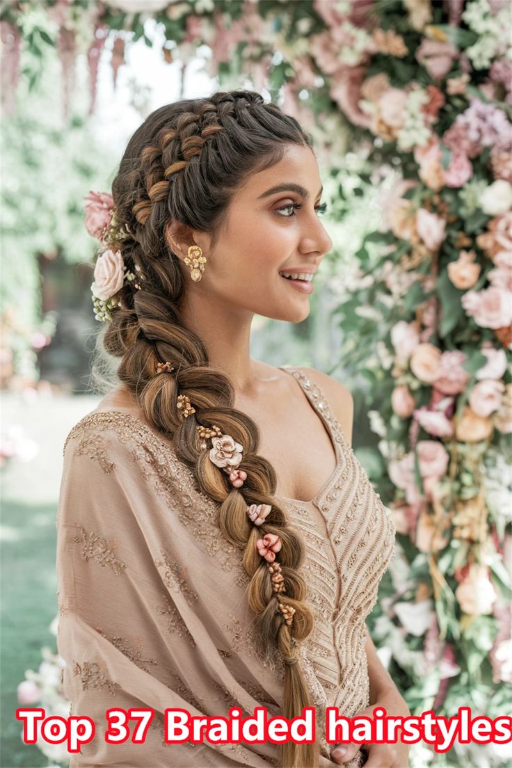 Explore the beauty of Indian braided hairstyles that blend tradition with modern flair. This enchanting double braid adorned with flowers is perfect for weddings, festivals, or casual outings. Detailed weaving techniques highlight the elegance of your hair, making it a mesmerizing choice for any occasion. Get inspired to embrace your roots and elevate your style with this stunning look! Braids Hairstyles For Indian Wedding, Braid Hairstyle Indian Wedding, Braids Indian Hairstyles, Indian Wedding Braid, Indian Braided Hairstyles, Braid Flower, Reception Couple, Indian Braids, Hairstyles For Indian Wedding