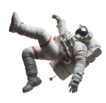 an astronaut floating in the air with his legs spread out and feet extended to the ground