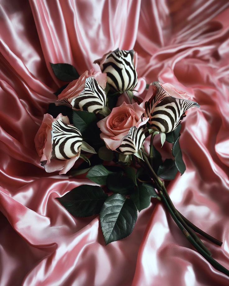 a bouquet of flowers sitting on top of a pink satin covered table cloth with zebra stripes