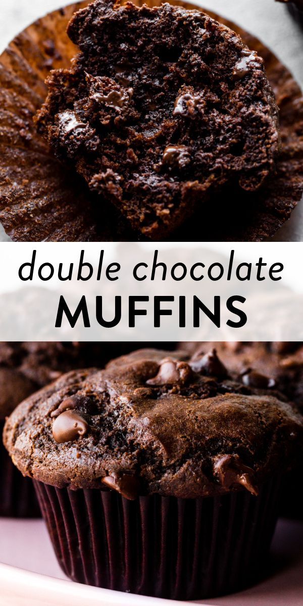 double chocolate muffins on a plate with text overlay