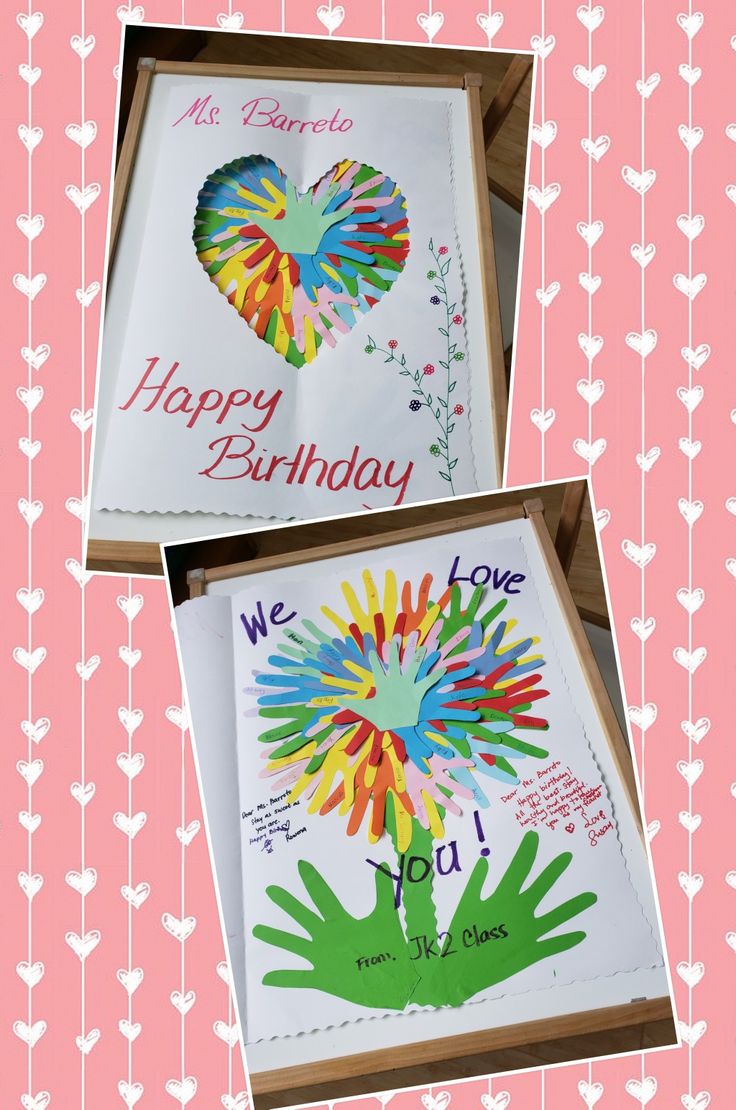 two handprinted greeting cards with the words happy birthday and we love you