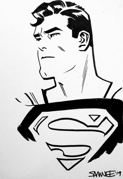 a black and white drawing of a man with a superman symbol on it's chest