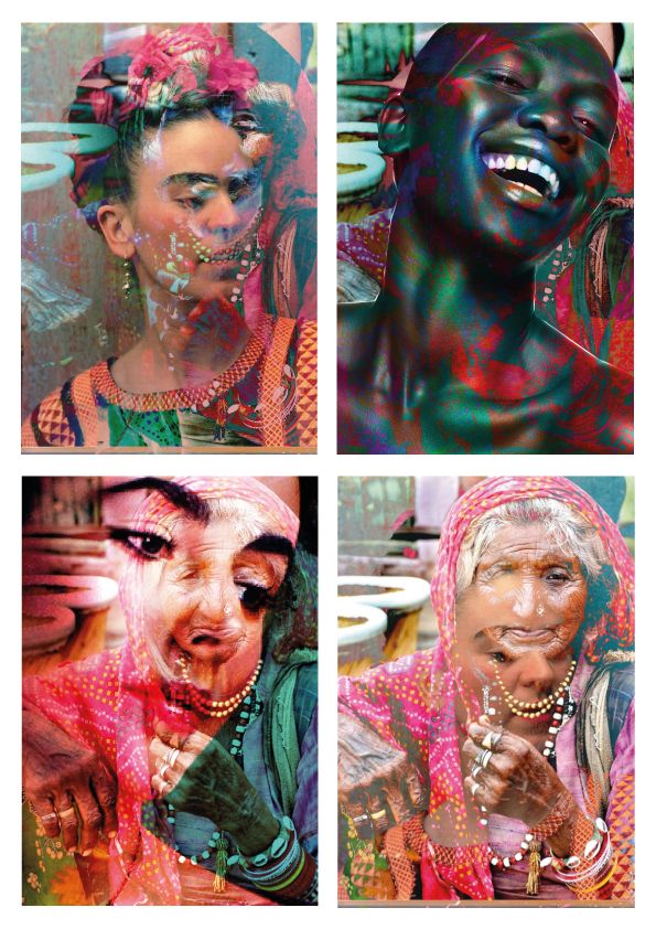 four different images of people with their faces painted in bright colors and the same image has been