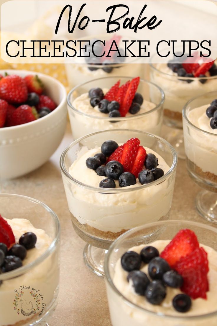 no - bake cheesecake cups with strawberries and blueberries in small bowls