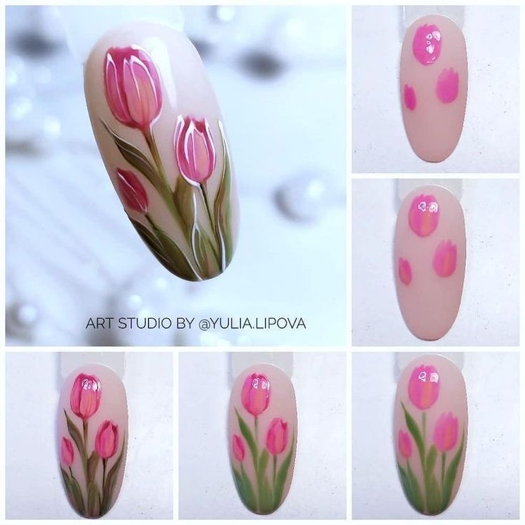 Nail Art Floral Designs, Nail Flowers Design, Tulip Nail Art Designs, Flower Art Nails, Rose Nails Art, Nail Flower Designs, Drawing On Nails, Tulip Nail Art, Nails Drawing