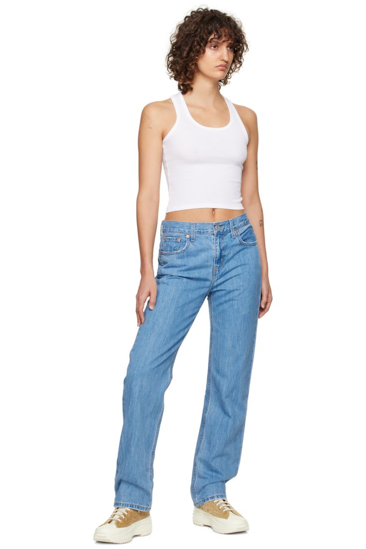 Levi's: Blue Low Pro Jeans | SSENSE Casual Levi's Denim Flare Jeans, Trendy Levi's Bottoms With Five Pockets, Levi's Casual Denim Flare Jeans, Levi's Casual Flare Denim Jeans, Levi's Medium Wash Jeans With Five Pockets, Casual Cotton Flare Jeans With Belt Loops, Casual Fitted Cropped Jeans With Belt Loops, Straight Leg Jeans With Hip Pockets For Everyday, Levi's Straight Leg Jeans For Everyday