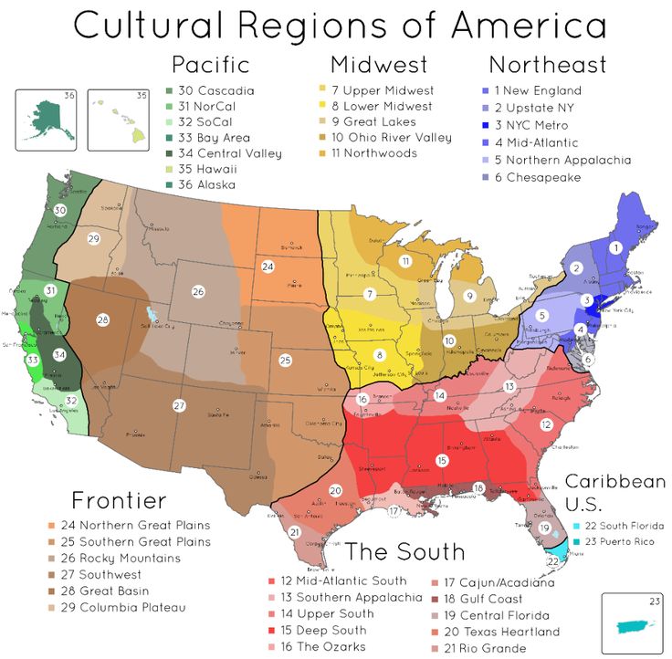 the united states with different regions in each country