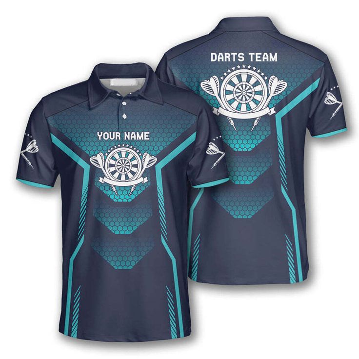 the darts team polo shirt is shown in dark blue and teal with an image of darts on it