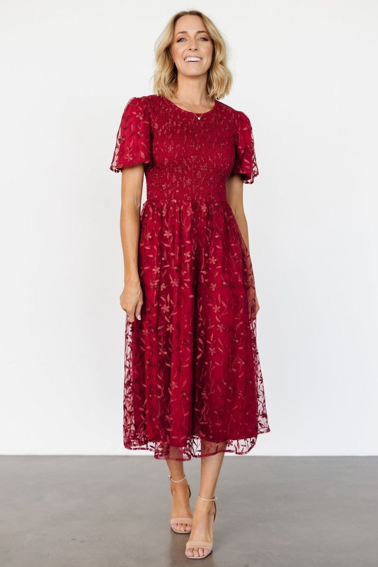 Cara Embroidered Midi Dress | Ruby - Baltic Born Retro Formal Dress, Tulle Red Dress, Wedding Guest Midi Dress, Wedding Guest Midi Dresses, Embroidered Wedding Dress, Feminine Elegance, Baltic Born, Embroidered Midi Dress, Jewel Neckline