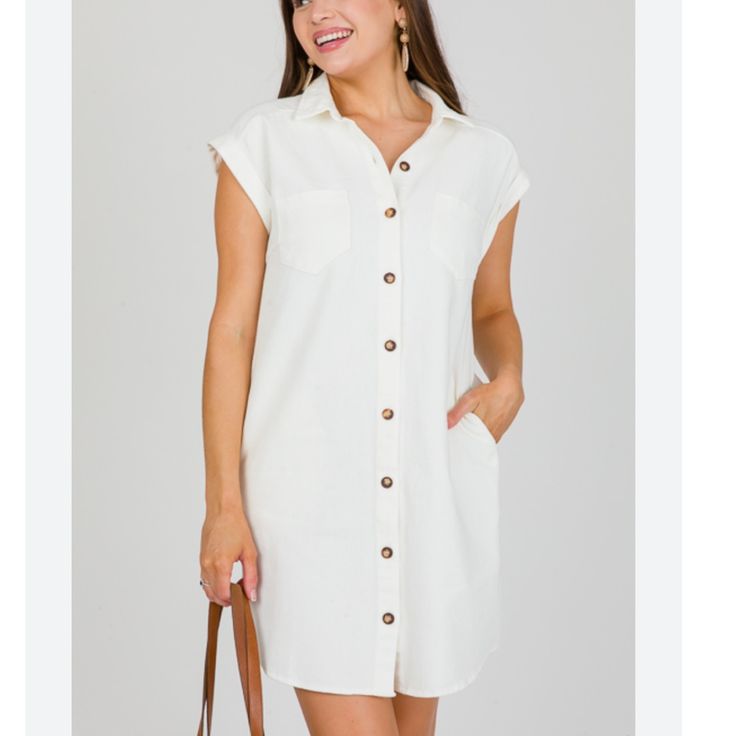 Off White Ivory Color Lightweight Denim - 100% Cotton Functional Tortoise Button Down Cuffed Sleeves Has Pockets Looks Cute Belted Too New, Never Worn Smoke Free Home White Shirt Dress With Pockets For Summer, Casual White Shirt Dress With Buttons, Casual White Shirt Dress With Placket, White Button-up Shirt Dress With Pockets, White Shirt Dress With Pockets For Day Out, Spring White Shirt Dress With Pockets, Classic White Button-up Shirt Dress, Casual Cream Shirt Dress For Daywear, Casual White Collared Shirt Dress