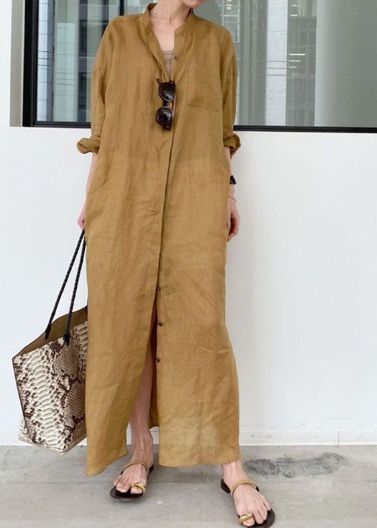 Khaki Linen Long Dresses Stand Collar Oversized Spring Loose Shirt Dress, Long Linen Dress, Linen Fashion, Dress Stand, Cotton Linen Dresses, Linen Shirt Dress, Shirt Dress Casual, Long Shirt Dress, Dress Shirts For Women