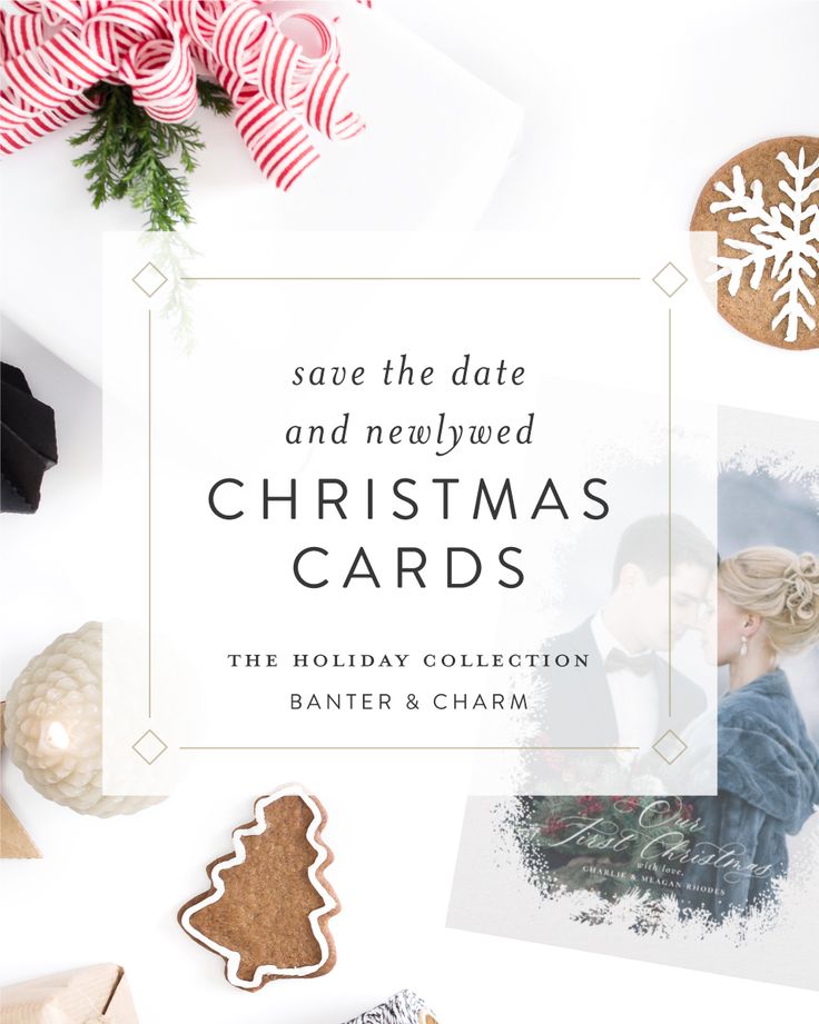 save the date and newlywed christmas cards with gingerbread cookies, candy canes