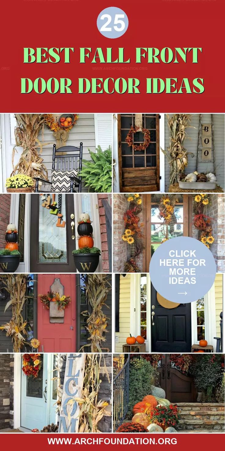 the front door decorated for fall with pumpkins, cornstatches and other decorations