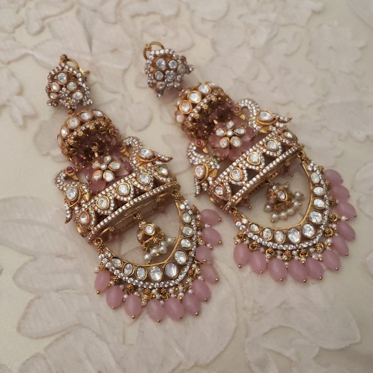 Nwt, Indian Bridal Earrings. Exquisite. Articulated, So They Move With You. 4 Inches Long. Swarovski Clear Crystals With Pink Beads. Handmade In India. Stunning! Statement Earrings! Light Pink Indian Jewellery, Pink Indian Jewelry Set, Indian Earrings Traditional Studs, Luxury Gold Jhumkas With Pearl Drop, Simple Indian Earrings, Fancy Jewellery Handmade, Indian Jewelry Sets Bridal, Royal Jewelry Earrings, Luxury Pink Earrings For Wedding