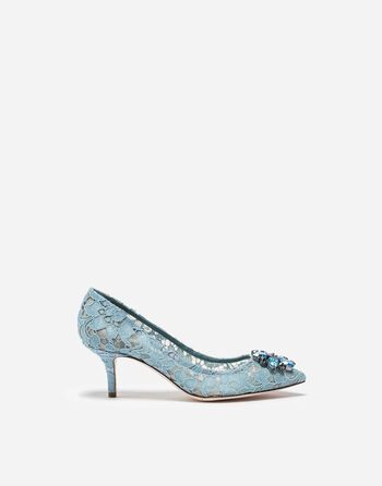 Pump In Taormina Lace With Crystals - Women | Dolce&Gabbana Rainbow Laces, Lace Pumps, Dark Style, Elegant Heels, Dolce Gabbana Shoes, Blue Pumps, Blue Heels, Slingback Shoes, Elegant Shoes