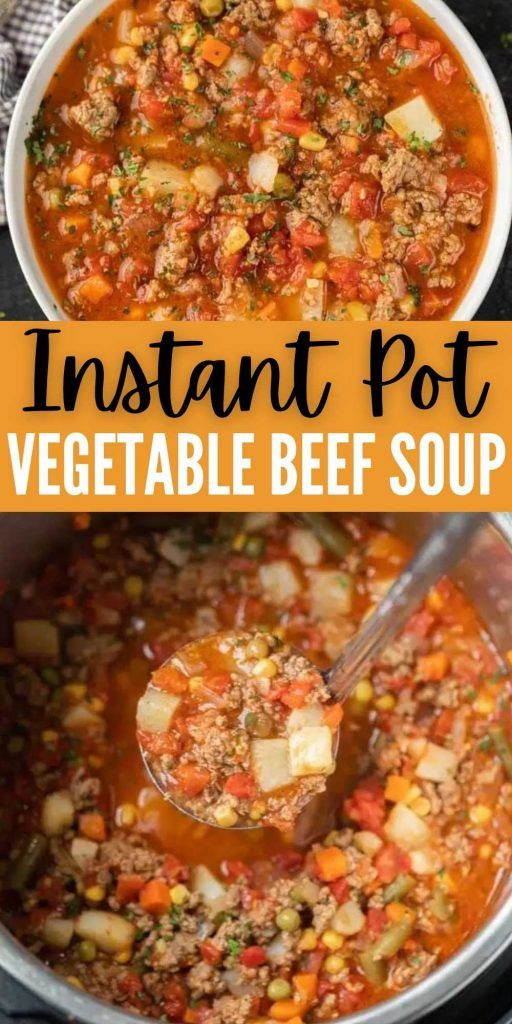 instant pot vegetable beef soup in a white bowl with a ladle scooping out