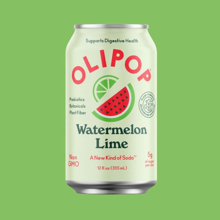 a can of watermelon lime soda on a green background with the words olipop