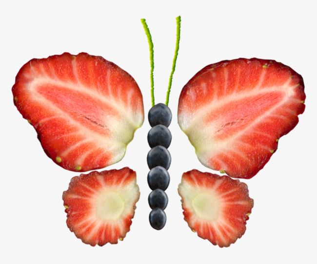 a butterfly made out of strawberries and blueberries on top of it's wings