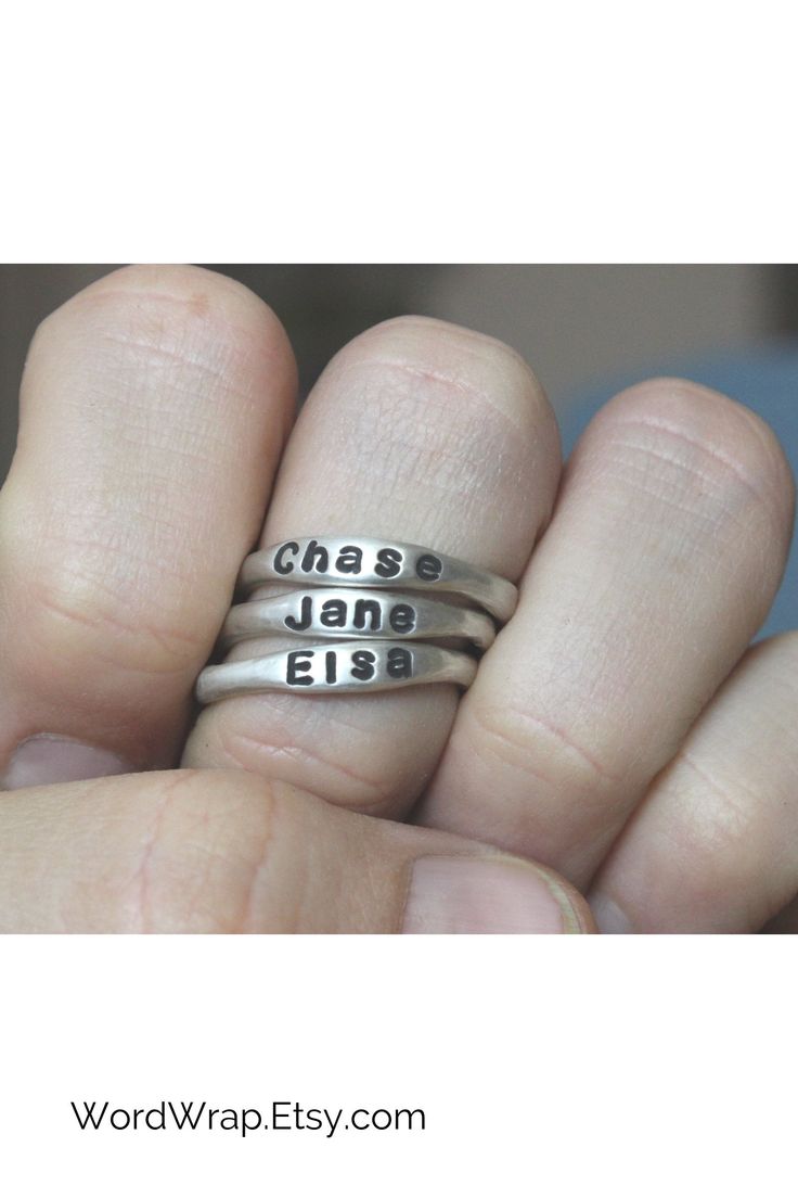 Get free shipping on these beautiful sterling silver stackable name rings, personalized with your special names. These mother's rings are the perfect way to celebrate your meaningful people. Each ring is unique and carefully hand-formed, hand-stamped and finished. They can be personalized with names, dates, initials, or other words that are meaningful to you. Intentionally made with a natural shape, the stacking rings have an organic look and feel. They are very comfortable and pleasant to wear. Personalized Silver Stackable Rings As Gift, Stackable Sterling Silver Rings For Personalized Gift, Adjustable Hand Stamped Rings For Personalized Gift, Adjustable Personalized Toe Ring, Adjustable Silver Initial Ring Hand Stamped, Personalized Meaningful Sterling Silver Rings, Hand Stamped Sterling Silver Stackable Rings As Gift, Personalized Silver Ring With Meaningful Style, Sterling Silver Hand Stamped Stackable Rings As Gift