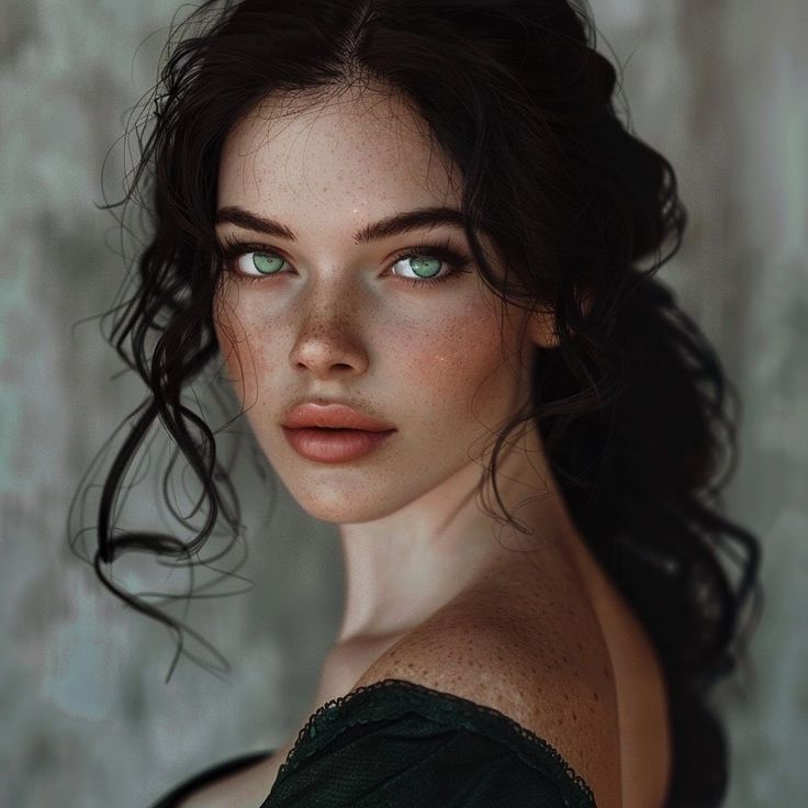 a woman with freckled hair and green eyes