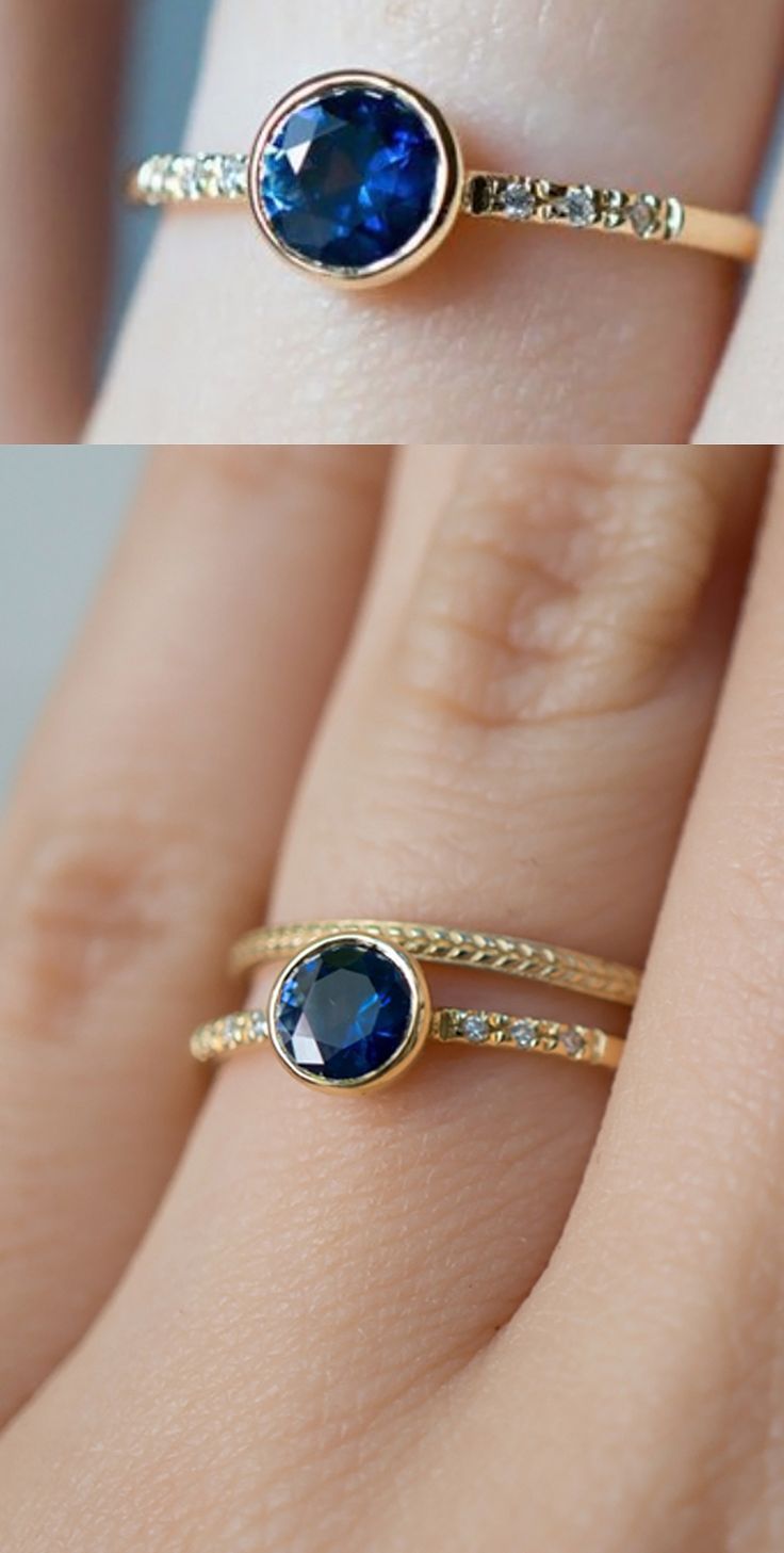 two different views of the same ring on someone's finger, one with a blue stone